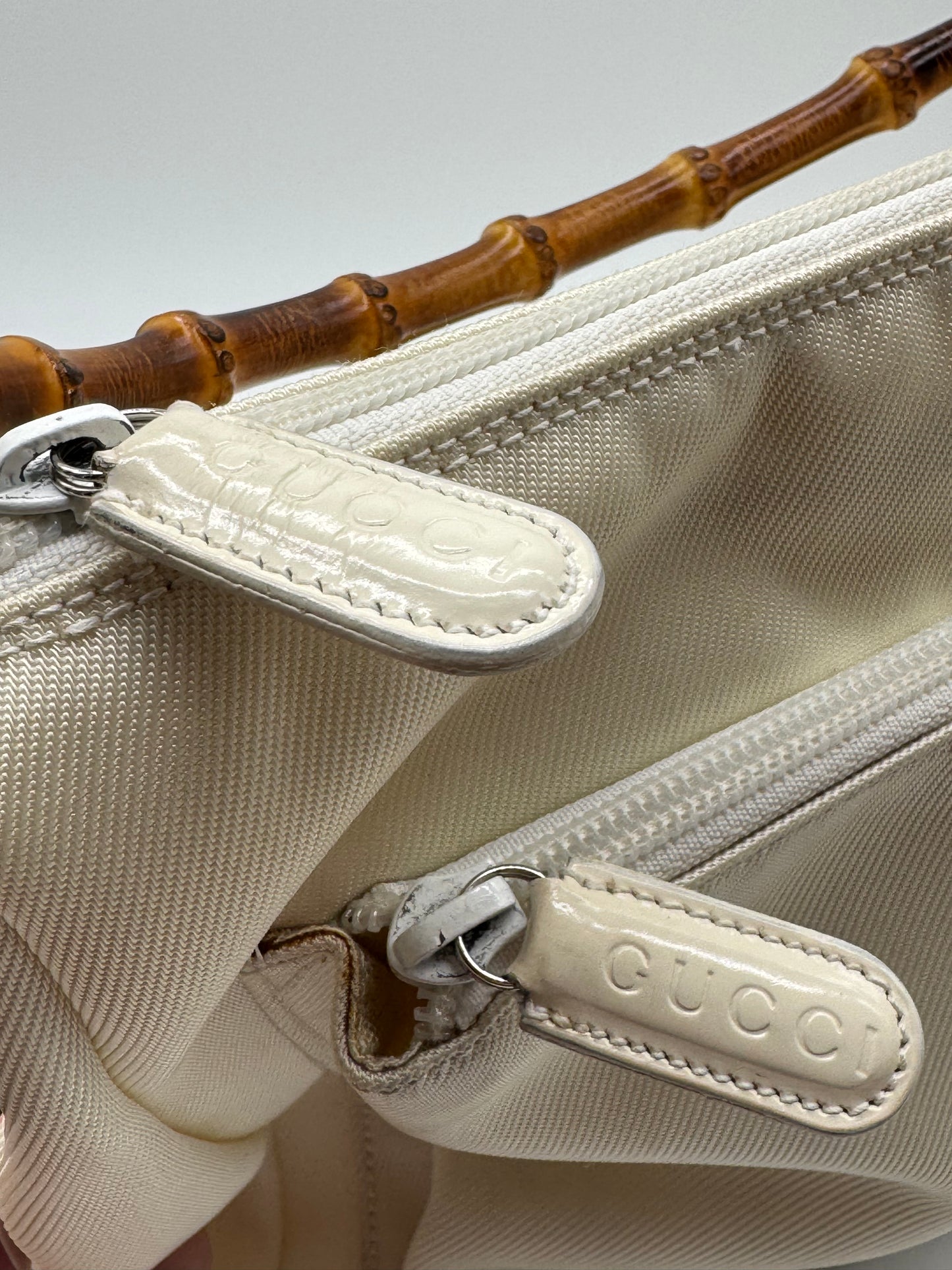 Vintage White Gucci Bamboo Handle Canvas Shoulder Bag