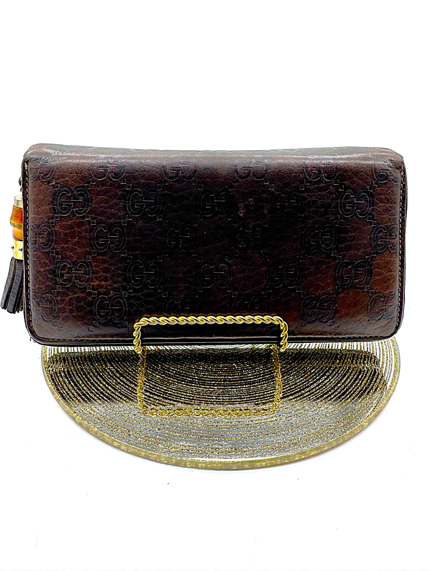 Gucci Embossed Brown Ssima Long Zippy Bamboo Wallet