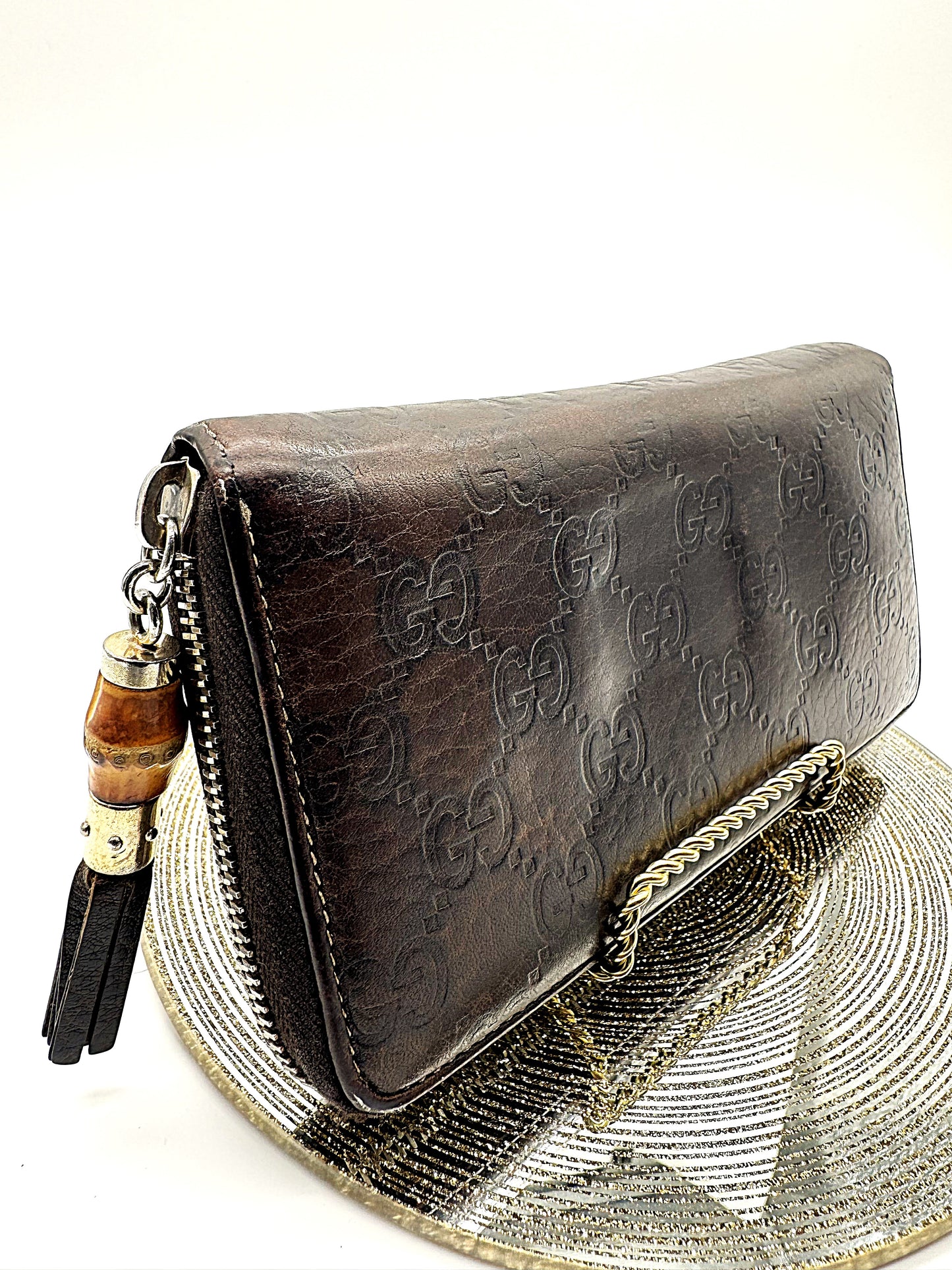 Gucci Embossed Brown Ssima Long Zippy Bamboo Wallet