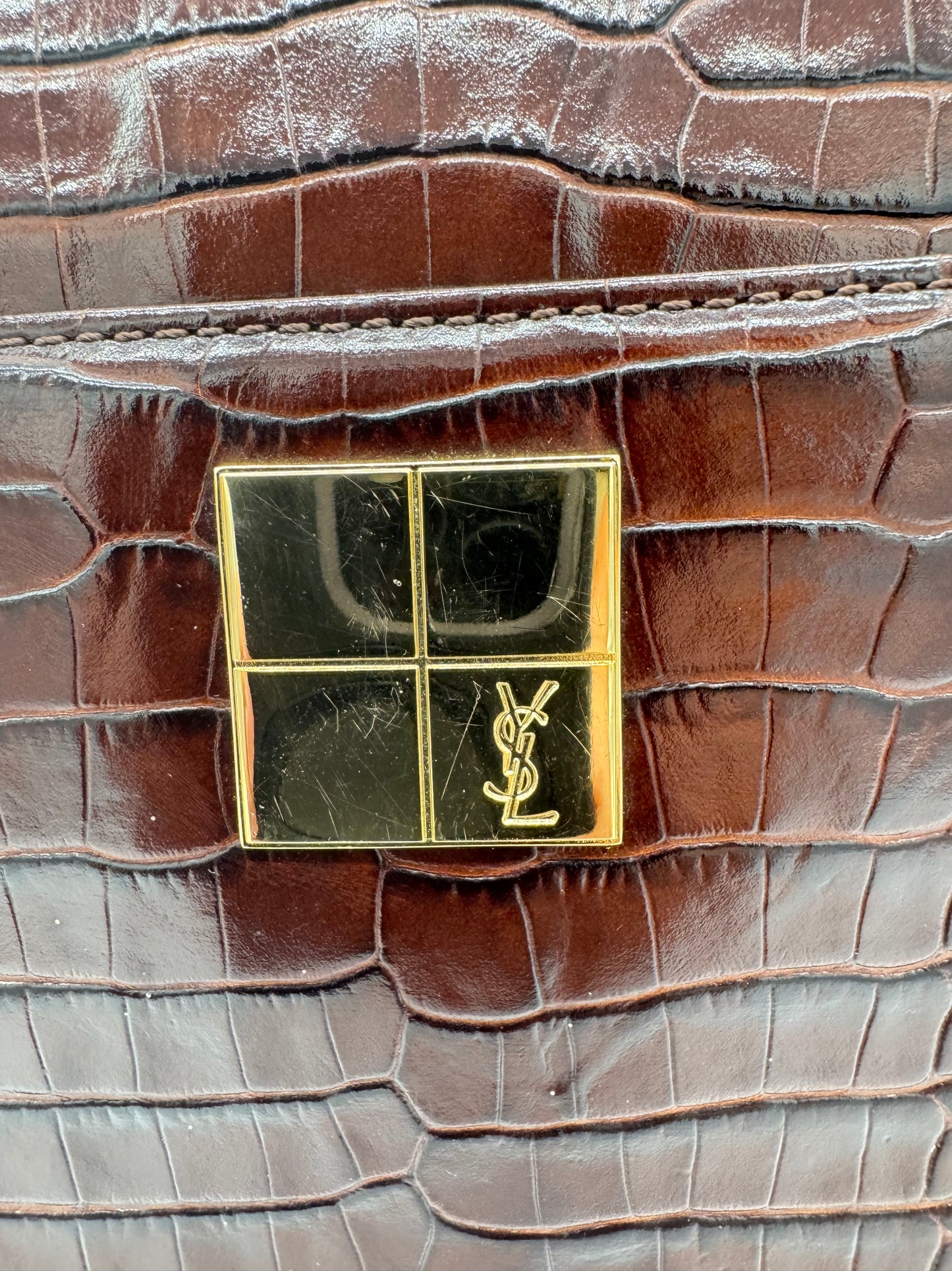 YSL Brown Crocodile Embossed Leather Tote Bag