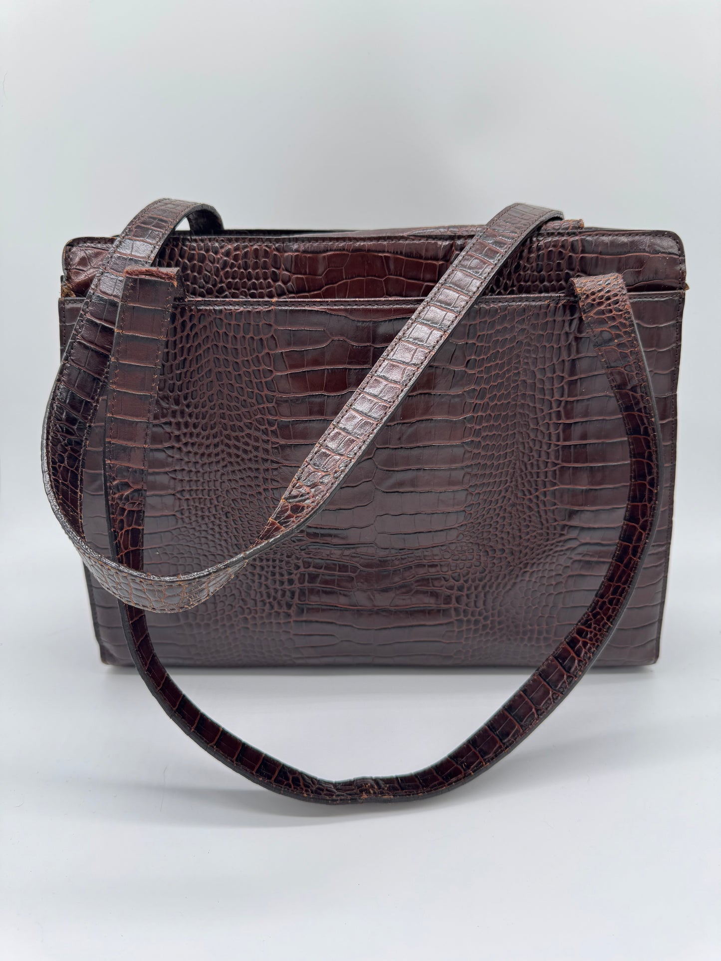 YSL Brown Crocodile Embossed Leather Tote Bag
