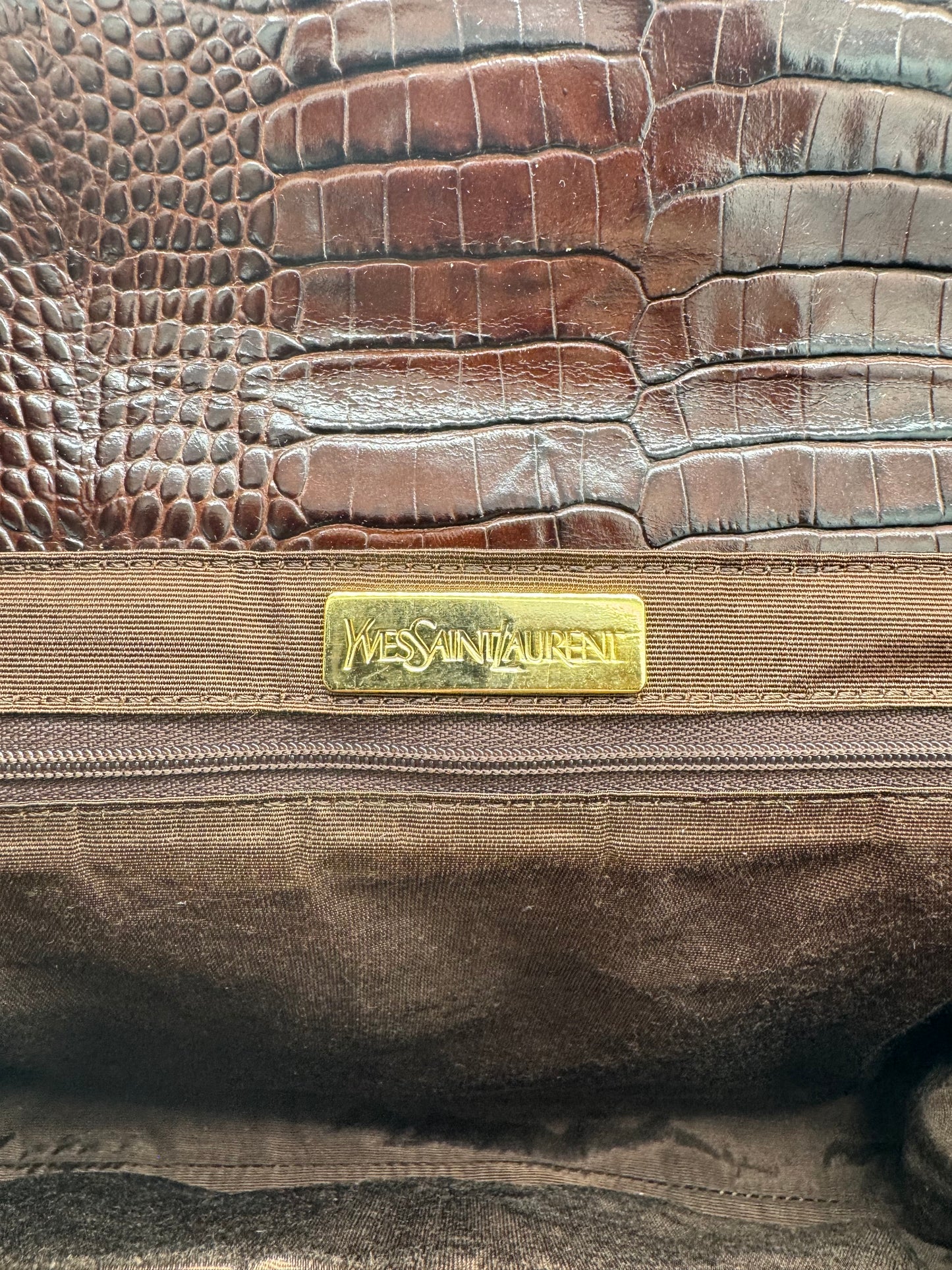 YSL Brown Crocodile Embossed Leather Tote Bag