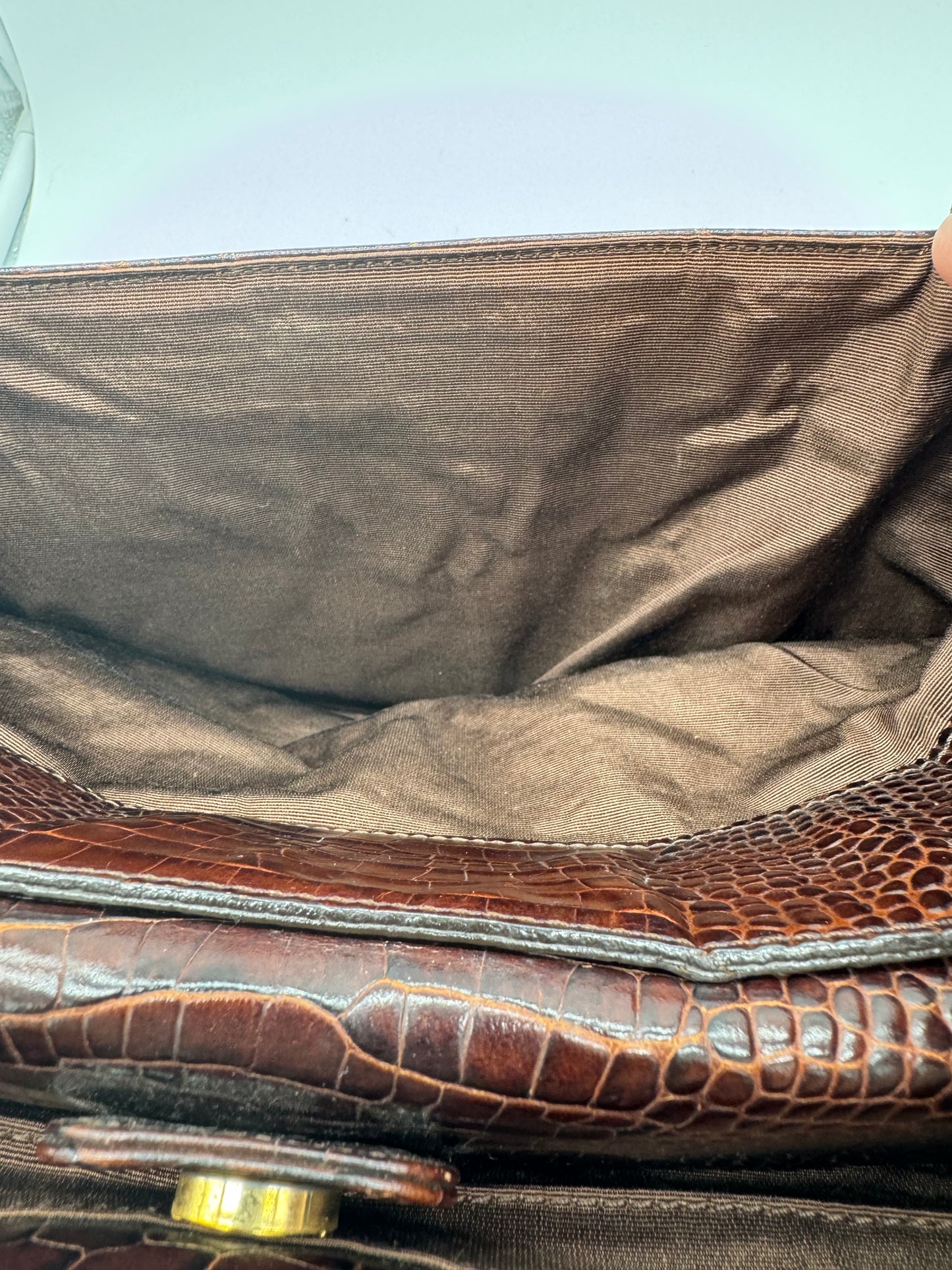 YSL Brown Crocodile Embossed Leather Tote Bag