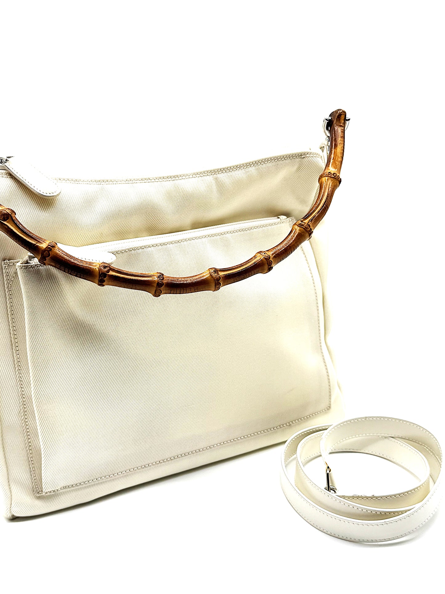 Vintage White Gucci Bamboo Handle Canvas Shoulder Bag