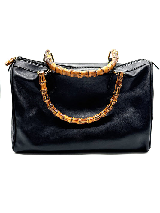 Vintage Gucci Black Leather Bamboo Handle Handbag