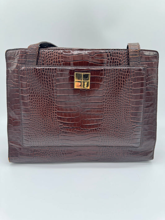 YSL Brown Crocodile Embossed Leather Tote Bag